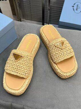 Prada Beige Woven Raffia Platform Slides with Triangle Logo
